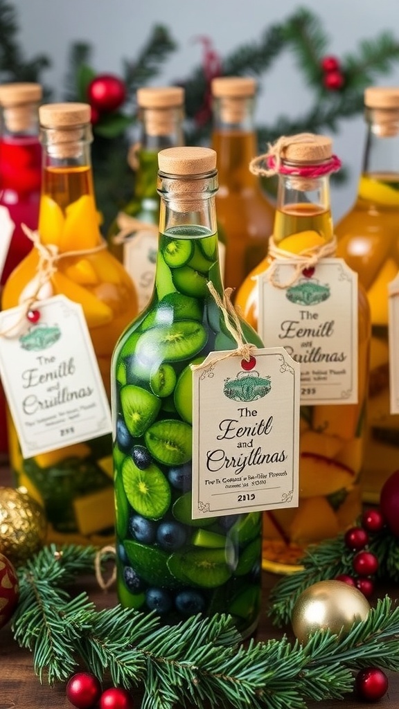 Homemade infused alcohol bottles with fruits and herbs, decorated for Christmas.
